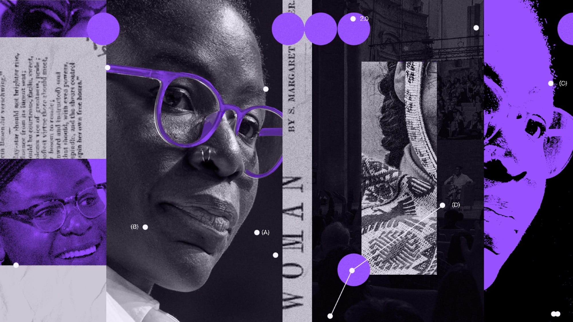 Purple and black editorial collage for Fuller events